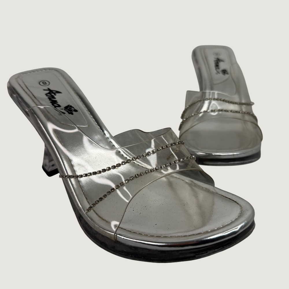 Y2K Clear Heels Silver Rhinestone Slide Sandals Lucite Heel Size 9 ANNA